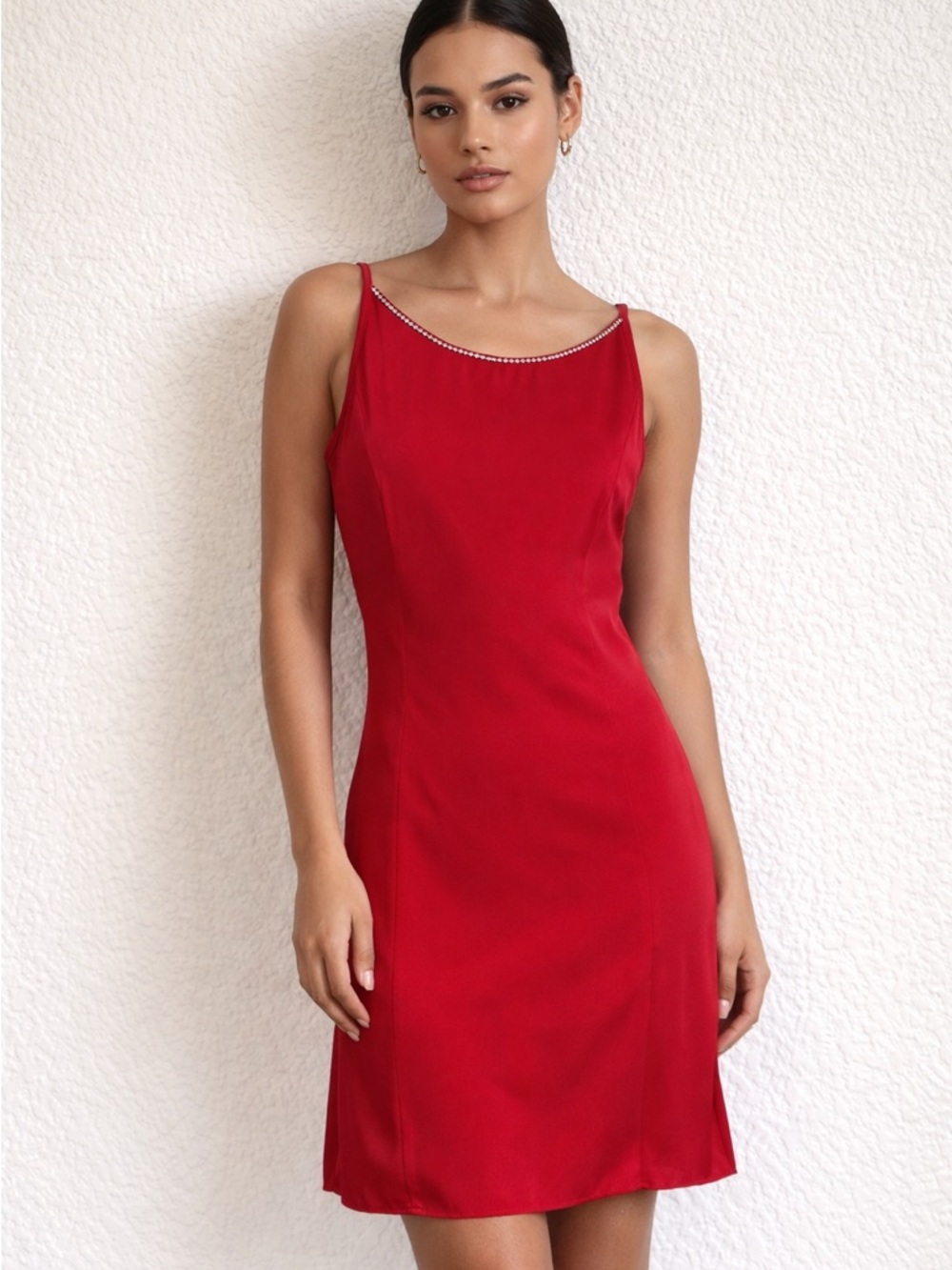 Jessica McClintock for Gunne Sax Red Slip Dress with Rhinestone Trim size 3/4